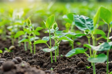 Young Soybean Field. Agriculture and Botany Concept. Closeup of Fresh Green Soy Plants in Spring