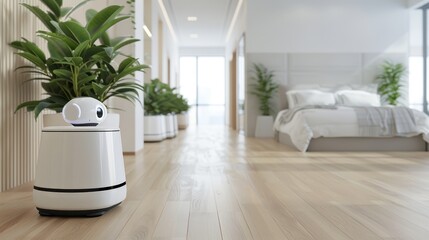 A futuristic care home with robots providing personalized care to residents with dementia, with copy space, high-resolution photo, realistic photo