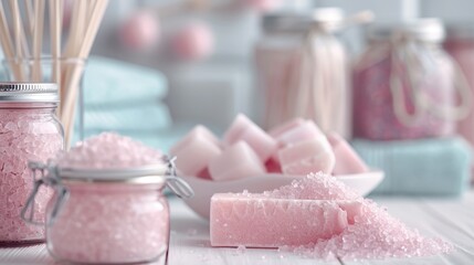 A close-up of pastel-colored bath salts and soap bars arranged in jars and bowls, emphasizing a harmonious composition ideal for a relaxing spa experience.