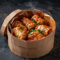 Delicious stuffed cabbage rolls in a brown paper box. Ready to serve and eat. Ideal for food blogs and culinary websites. Simple and rustic food photography with a cozy vibe. AI.