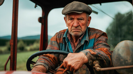 Obraz premium Determined Farmer Operating Vintage Tractor While Focusing on Agricultural Tasks in Rural Landscape
