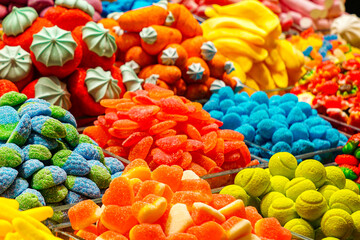 Various bright colors and taste candy assortment at market in Barcelona, Spain, sweets shop