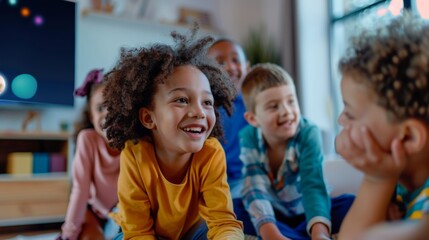 Fototapeta premium Engaged Children Smiling During Interactive Distance Learning Video Call