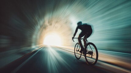 A cyclist captured in a moment of high-speed racing through a lit tunnel, with a streaky effect emphasizing his rapid motion and the intensity of the race towards the light.