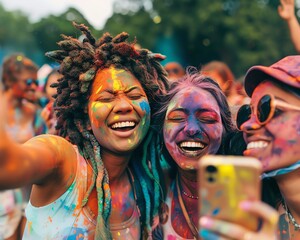 Three friends covered in colorful powder smile for a selfie at a music festival.
