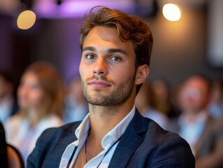 A young man in a suit looks at the camera. AI.