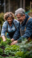 Fototapeta premium An older couple works together in their garden. AI.