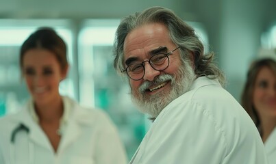 Obraz premium A doctor smiles and looks back over his shoulder. AI.