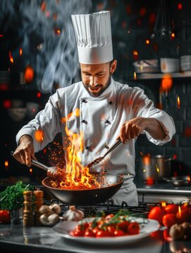 Chef cooking with flames in a pan. AI.