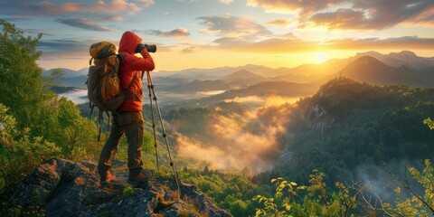 A hiker photographs the sunrise from a mountaintop. AI.