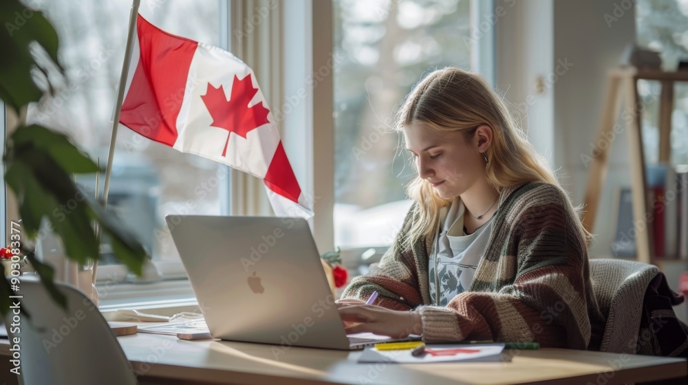 Poster a student focuses on their laptop while seated at a desk decorated with a canadian flag and statione