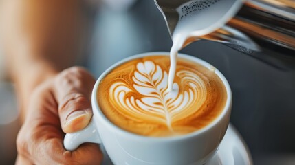 A skilled barista pours milk into a cup of coffee, creating intricate latte art, representing the combination of craftsmanship, art, and love for coffee culture.
