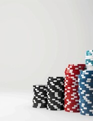 Colorful poker chip stacks in ascending order against a plain white background. Perfect for illustrating gambling, betting, and casino themes. The style is clean and crisp with minimalistic design. AI
