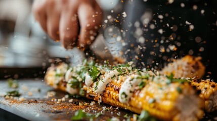 A delectable presentation of charred corn on the cob, artistically topped with herbs and spices, offering a flavor-packed bite that embodies culinary excellence and fresh ingredients.