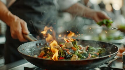 A chef is seen stir-frying a medley of vegetables in a wok, with flames rising up, giving a dynamic and fiery representation of Asian cuisine in a professional kitchen.