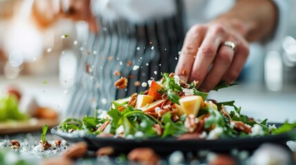 An individual is carefully plating a fresh mixed greens salad topped with apples, pecans, and other vibrant ingredients, showcasing an artistic and health-conscious culinary presentation.