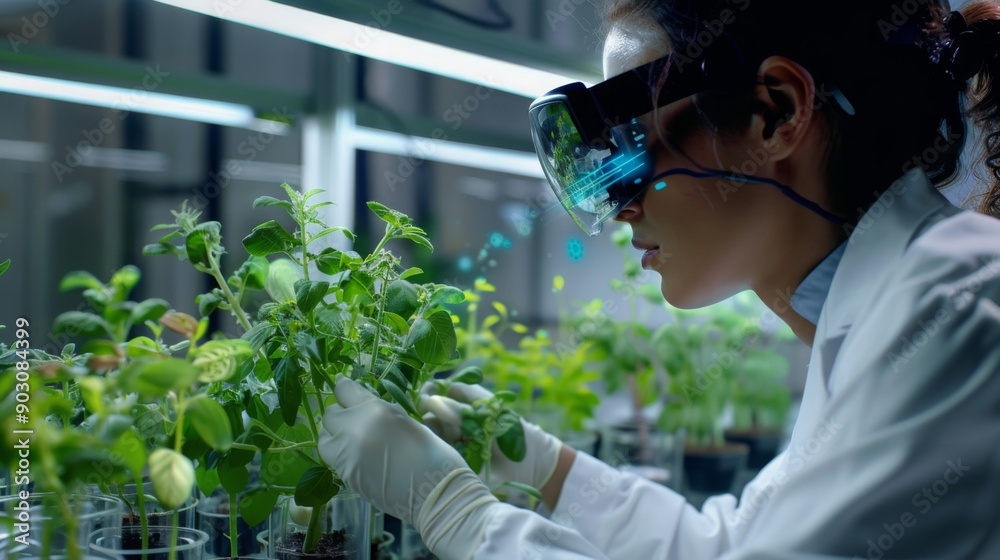 Poster A scientist wearing augmented reality glasses examines a row of plants in a lab setting.