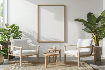 3D Rendering of Modern Living Room with Mockup Poster Frame and Wooden Armchairs
