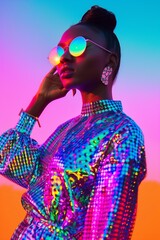 y3k fashion black woman in holographic loose clothes with silver neon glowing elements