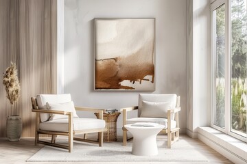 Fototapeta premium 3D Rendering of Modern Living Room with Mockup Painting and Wooden Armchairs