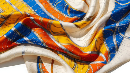 A vibrant, colorful scarf with intricate, tribal patterns