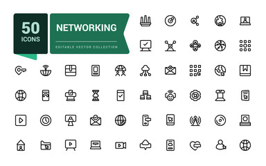 Set of Networking line icons related to internet, connection, traffic, cloud, server. Minimal outline icon collection. Editable stroke. Vector illustration.