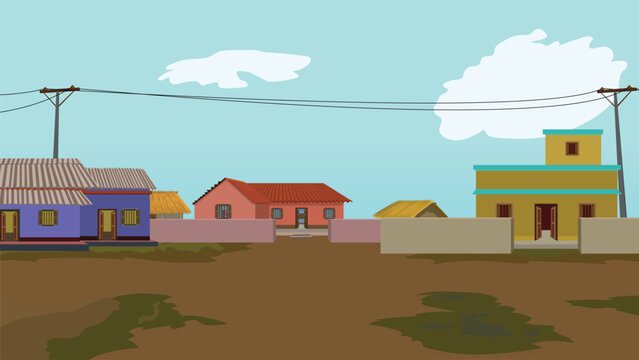 Indian Village background landscape design with blue sky and houses for cartoon video.rural asian village