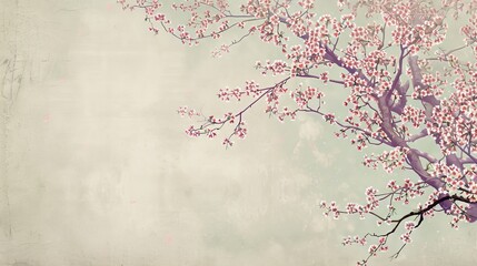 Tree and branches on the old vintage background. Sakura flowers. Floral background in loft, modern style. Design for wall mural, card, postcard, wallpaper, photo, Generative AI