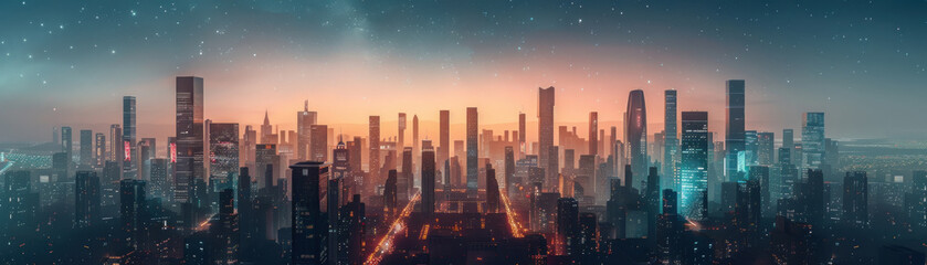 Fototapeta premium Craft a futuristic cityscape with towering skyscrapers against a backdrop of a starlit sky and neon lights