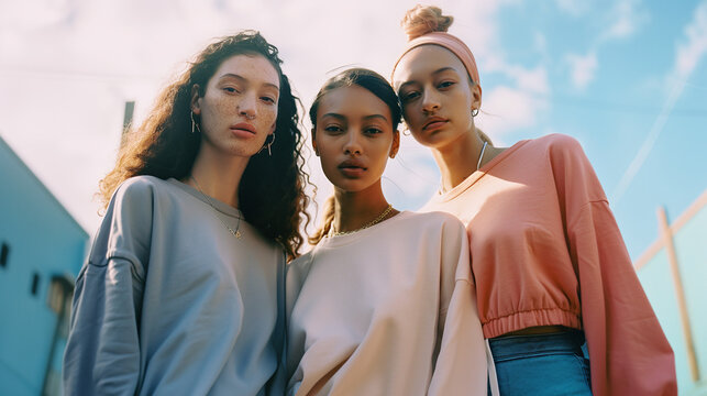 clean minimal photo of 3 types of raced young women, wearing streetwear, gen-z, cool vibes