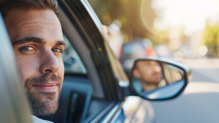 Obraz premium Man examining car mirrors before driving on a sunny afternoon in urban environment