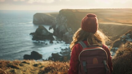 Hiker with red backpack and beanie overlooking the scenic coastal cliffs during a peaceful sunset.