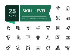 Skill level icon set. Related to expert, success. Minimal outline icons pack. Editable vector line icon set and illustration for web and UI application.