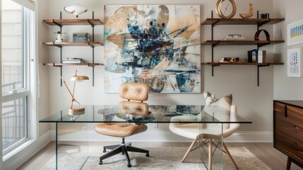 A stylish home office with a glass desk