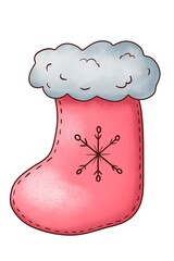 A Christmas sock for a gift is a illustration, hand-drawn with watercolor brushes, with outline on a white background. For postcards, greetings, stickers and others DIY.
