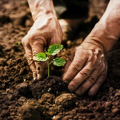 Close-up of hands planting a sapling in rich soil.