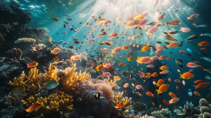 Naklejka premium Stunning underwater scene with vibrant coral reef and colorful fish swimming through sunlit waters, a mesmerizing glimpse of marine biodiversity