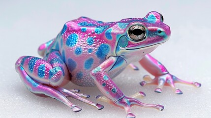   Pink and blue frog on white, green and blue frog beside