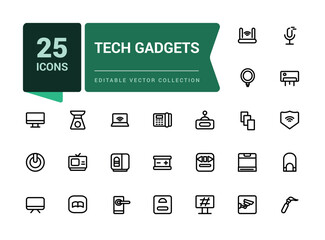 Set of Tech Gadgets minimal outline icons. related to Device, Appliances, Camera and more. Linear icon collection. Editable stroke. Vector illustration.