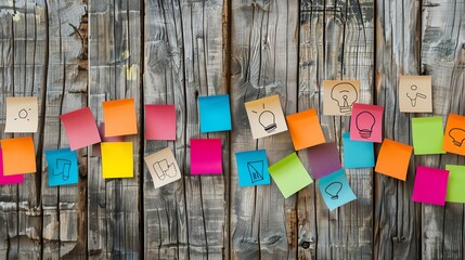 Colorful sticky notes with lightbulb drawings on a rustic wooden wall.  A visual representation of brainstorming and creativity.