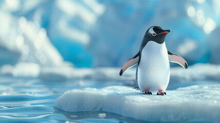 Fototapeta premium A cute penguin waddling on a snowy ice floe with a backdrop of icy blue waters