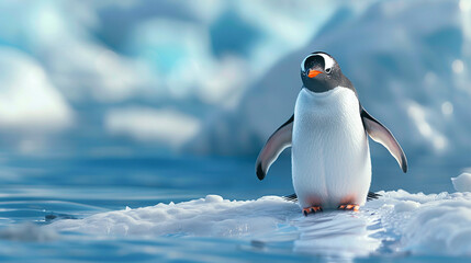 Fototapeta premium A cute penguin waddling on a snowy ice floe with a backdrop of icy blue waters