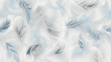 Obraz premium Dove gray background with delicate, seamless pale gray and baby blue feather patterns.