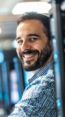 Smiling man with beard working in server room.  He looks confident and successful.