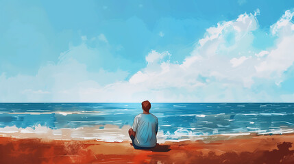 Fototapeta premium man sits on the beach, gazing at the sea and sky The digital art is in the style of illustration painting with a medium shot and high resolution, showing super detailed artwork
