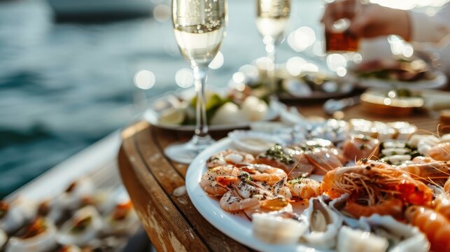 An extravagant display of various seafood items such as shrimp and oysters, meticulously arranged on a plate, paired with champagne glasses on a boat under the glistening sunlight.