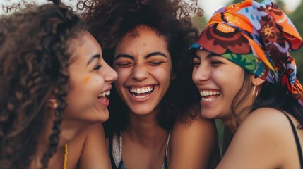 Three diverse women laugh together, showcasing friendship and joy. Their smiles are bright and genuine, capturing a moment of shared happiness.