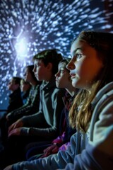 Fascinated Students Watching Planetarium Starry Sky Projection - Educational Science Museum Visit