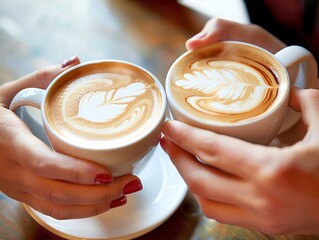 Two hands holding steaming mugs of latte art coffee.