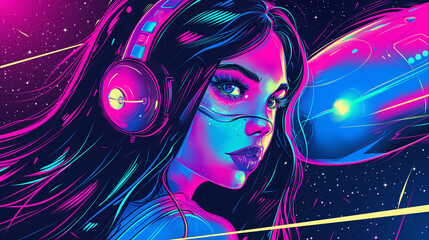 A beautiful girl in the style of an anime drawing, with headphones on her head and wearing futuristic.